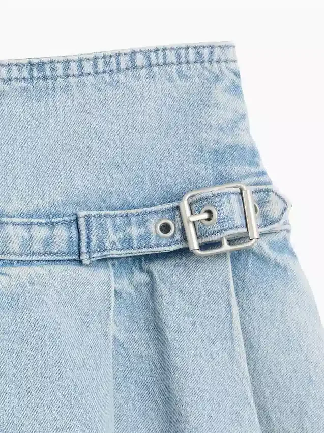 Çocuk Denim Pileli Mini Etek