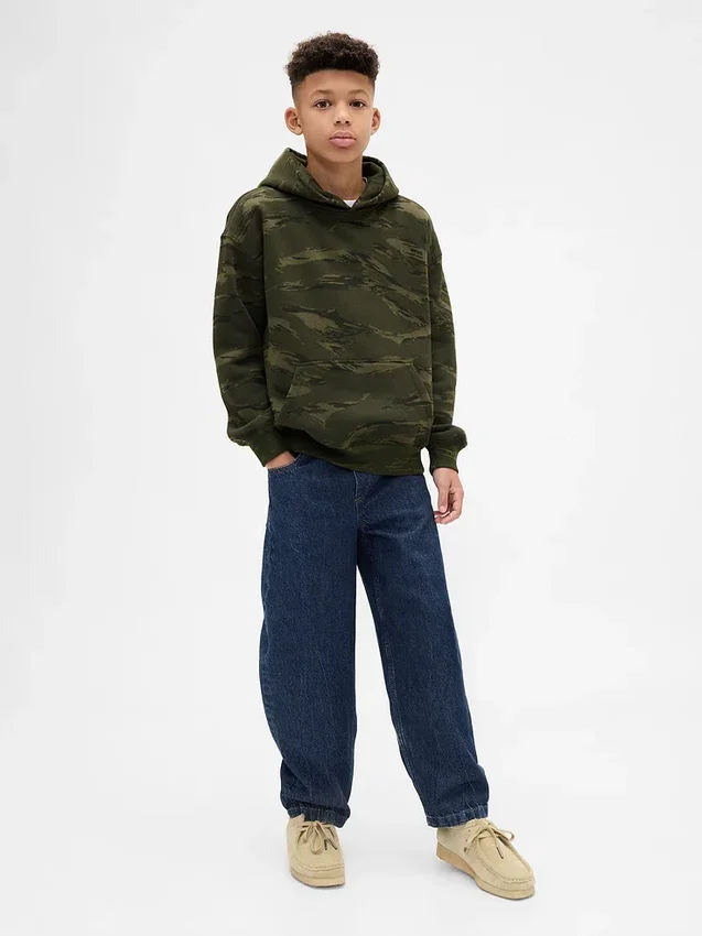 Çocuk Gevşek Kesim Kamuflaj Kapüşonlu Sweatshirt