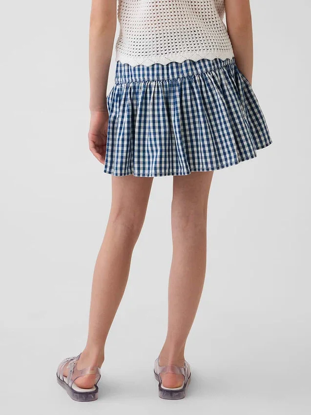 Çocuk Gingham Denim Katlı Skort