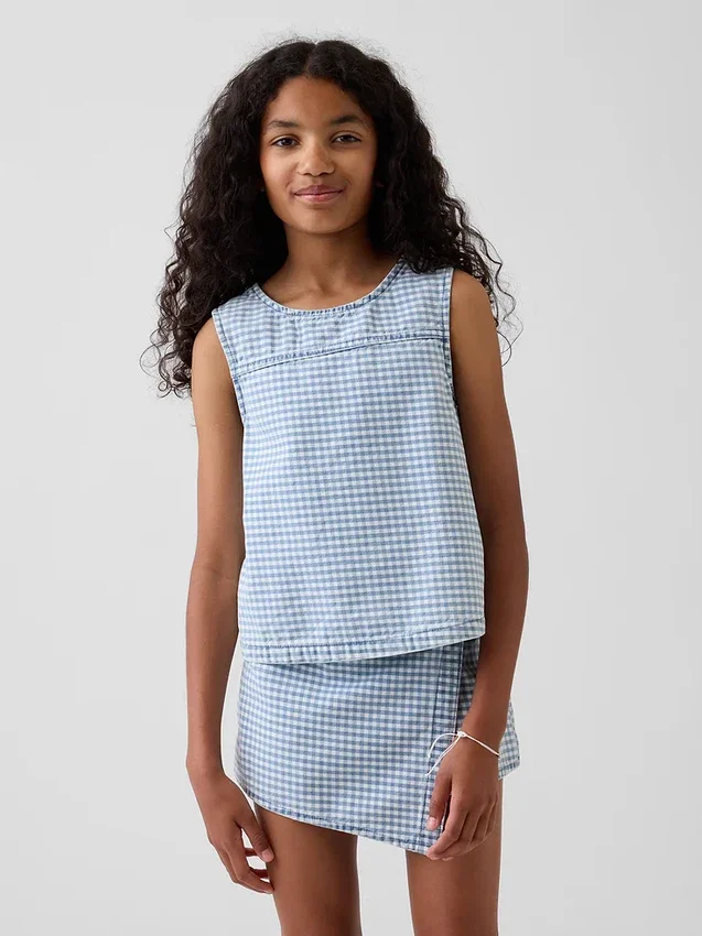 Çocuk Gingham Denim Şort Üstü