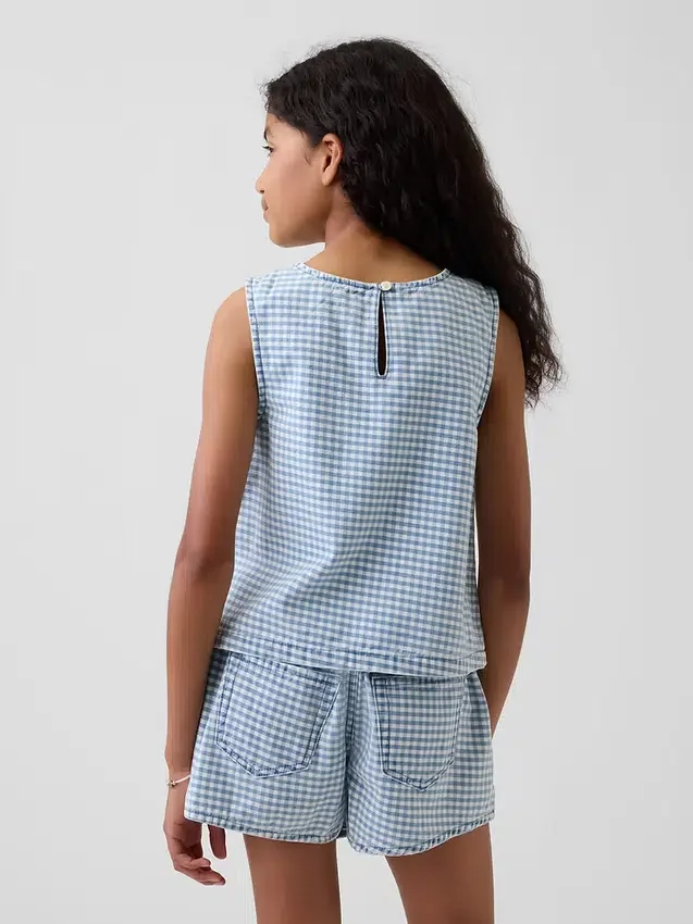 Çocuk Gingham Denim Şort Üstü