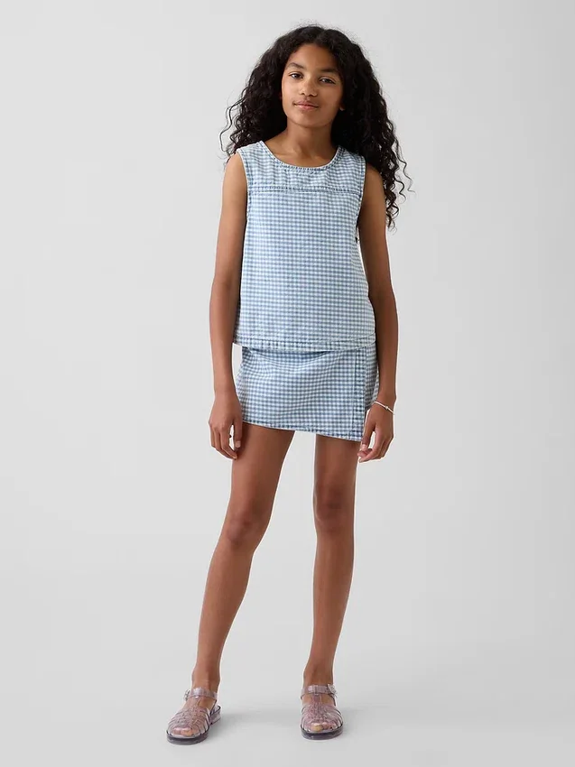 Çocuk Gingham Denim Şort Üstü