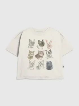 Çocuk Kedi Yüzleri Grafik Tişört
