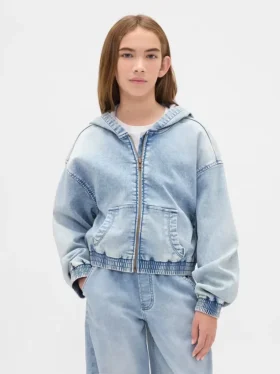 Çocuk Örme Denim Fermuarlı Kapüşonlu Sweatshirt