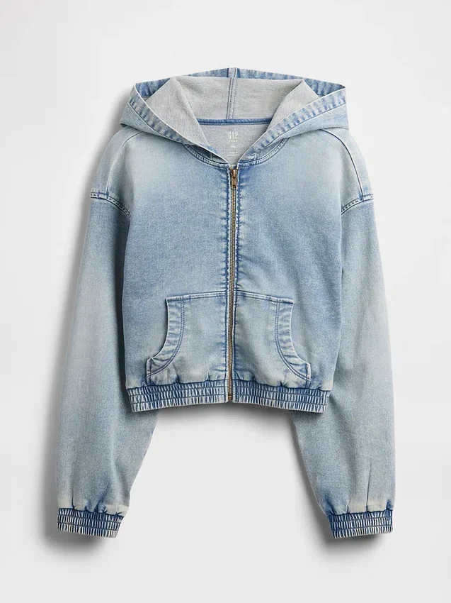 Çocuk Örme Denim Fermuarlı Kapüşonlu Sweatshirt