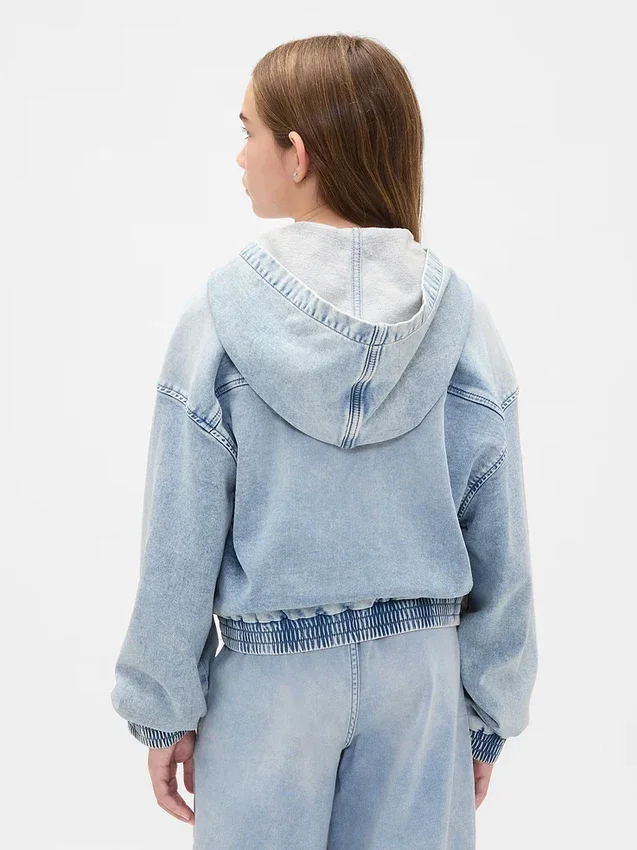 Çocuk Örme Denim Fermuarlı Kapüşonlu Sweatshirt