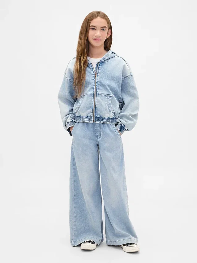 Çocuk Örme Denim Fermuarlı Kapüşonlu Sweatshirt
