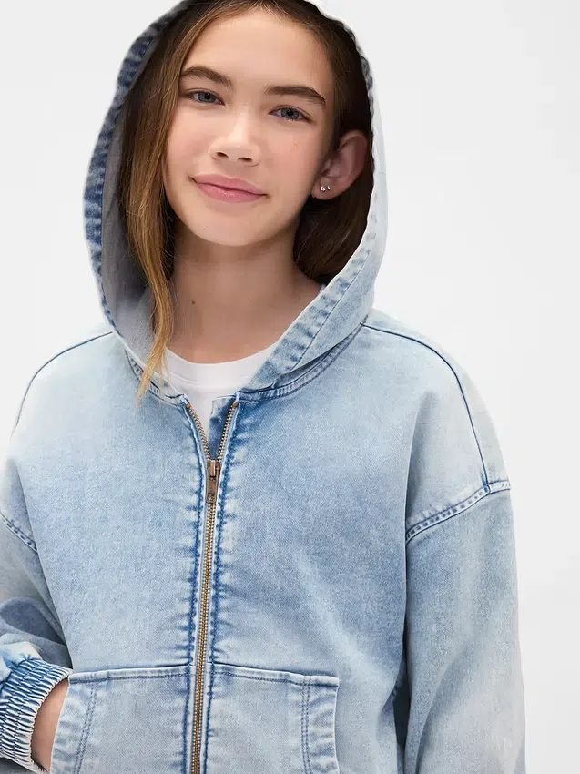 Çocuk Örme Denim Fermuarlı Kapüşonlu Sweatshirt