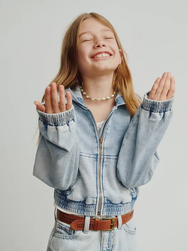 Çocuk Örme Denim Fermuarlı Kapüşonlu Sweatshirt