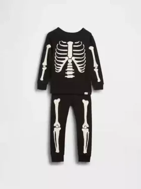 Çocuk ve Bebek Organik Fırçalanmış Pamuklu Karanlıkta Parlayan İskelet Pijama Seti