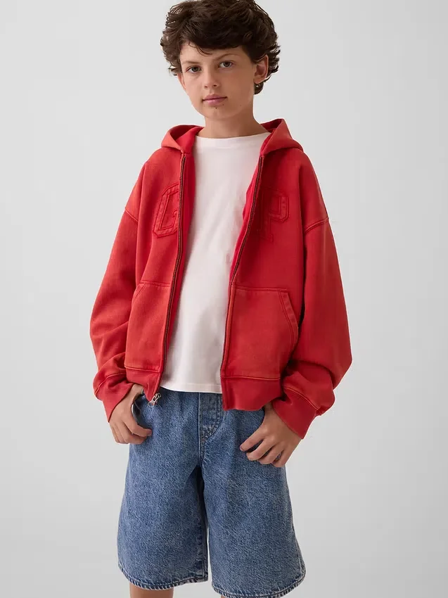 Çocuk Vintagesoft Gevşek Kesim Logolu Fermuarlı Kapüşonlu Sweatshirt