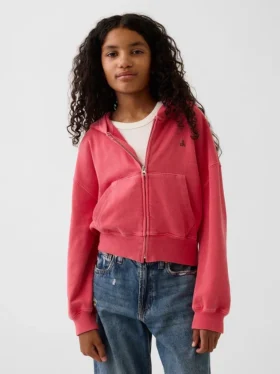 Çocuk Vintagesoft Havlu Kumaşlı Kama Kesim Fermuarlı Kapüşonlu Sweatshirt
