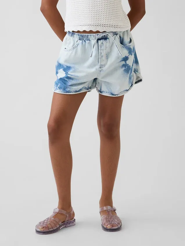 Çocuk Yüksek Bel Tie-Dye Denim Kolay Şortlar