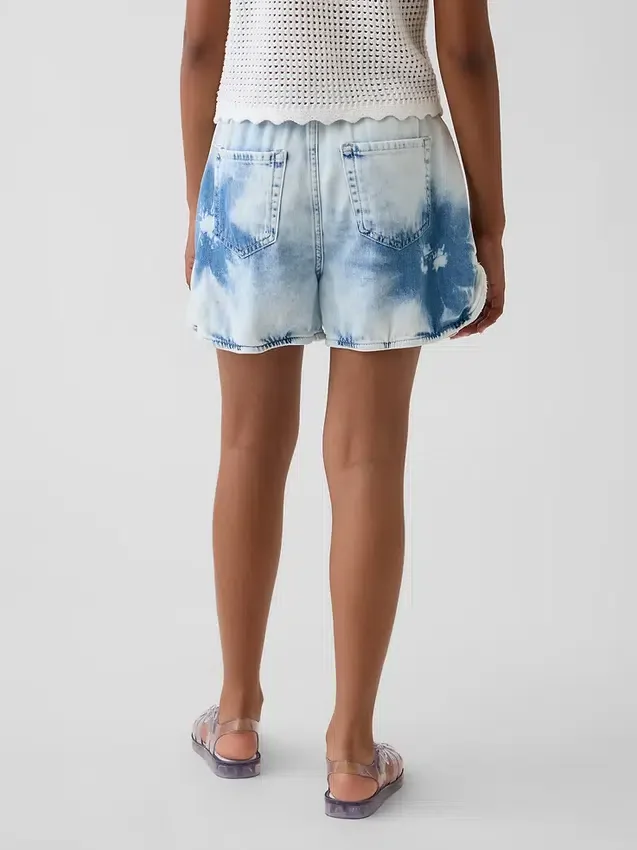 Çocuk Yüksek Bel Tie-Dye Denim Kolay Şortlar
