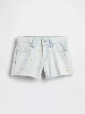 Çocuklar İçin Alçak Bel, Geniş Paça, Nakışlı Limon Desenli Denim Şortlar