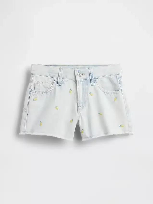 Çocuklar İçin Alçak Bel, Geniş Paça, Nakışlı Limon Desenli Denim Şortlar