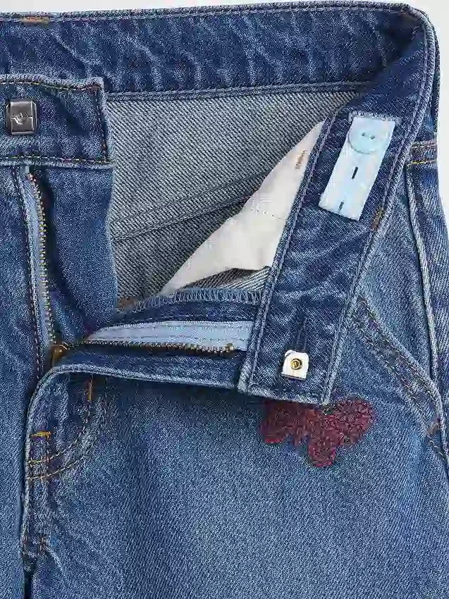 Çocuklar İçin Alçak Bel Nakışlı Bol Kesim Jean