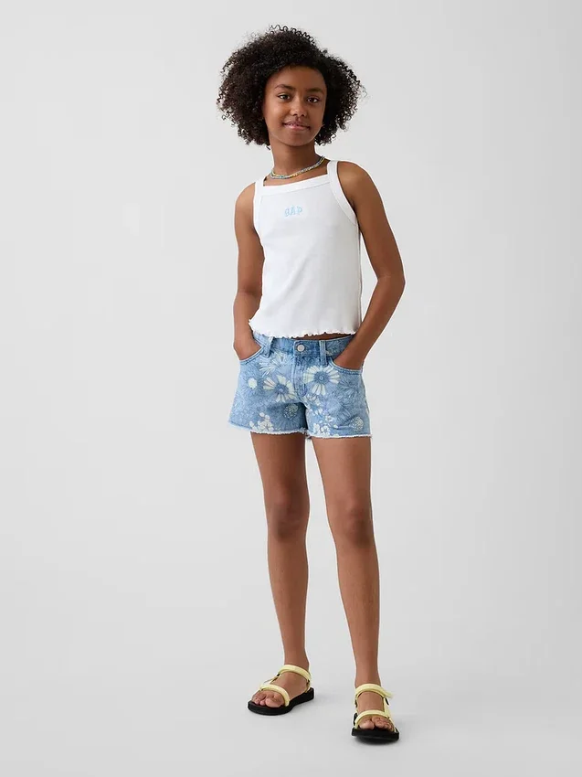 Çocuklar İçin Alçak Bel Stride Çiçek Desenli Denim Şortlar