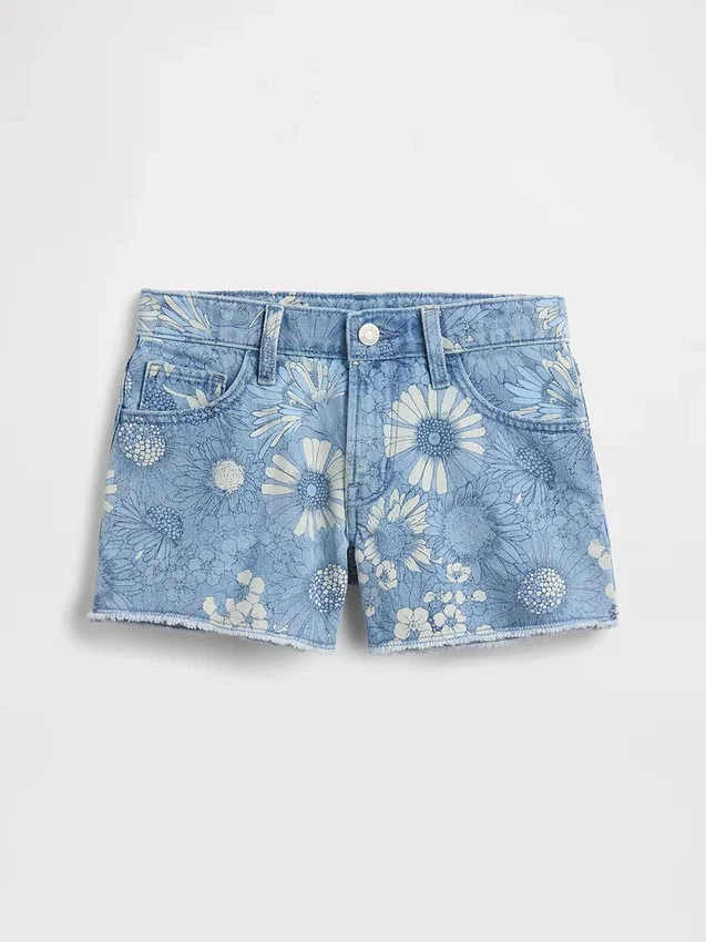 Çocuklar İçin Alçak Bel Stride Çiçek Desenli Denim Şortlar