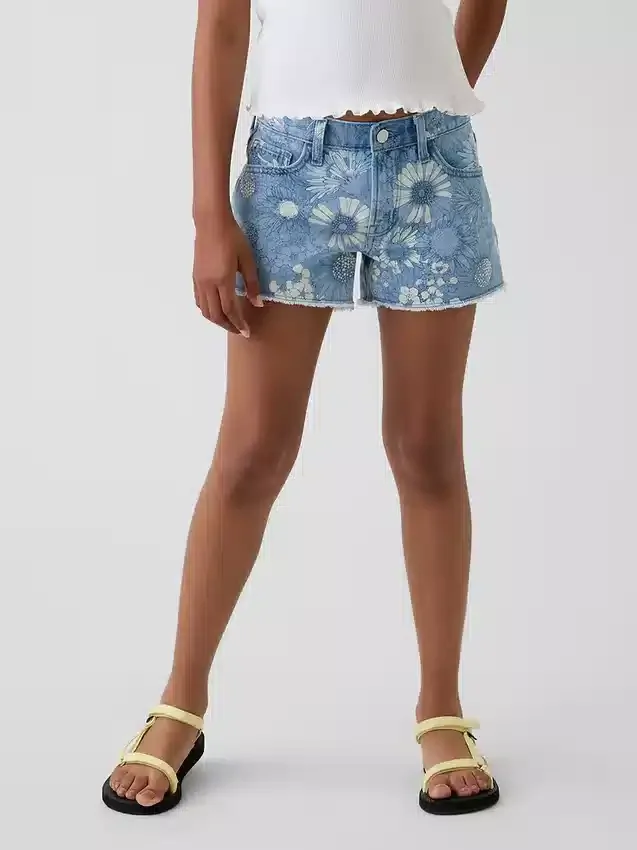 Çocuklar İçin Alçak Bel Stride Çiçek Desenli Denim Şortlar