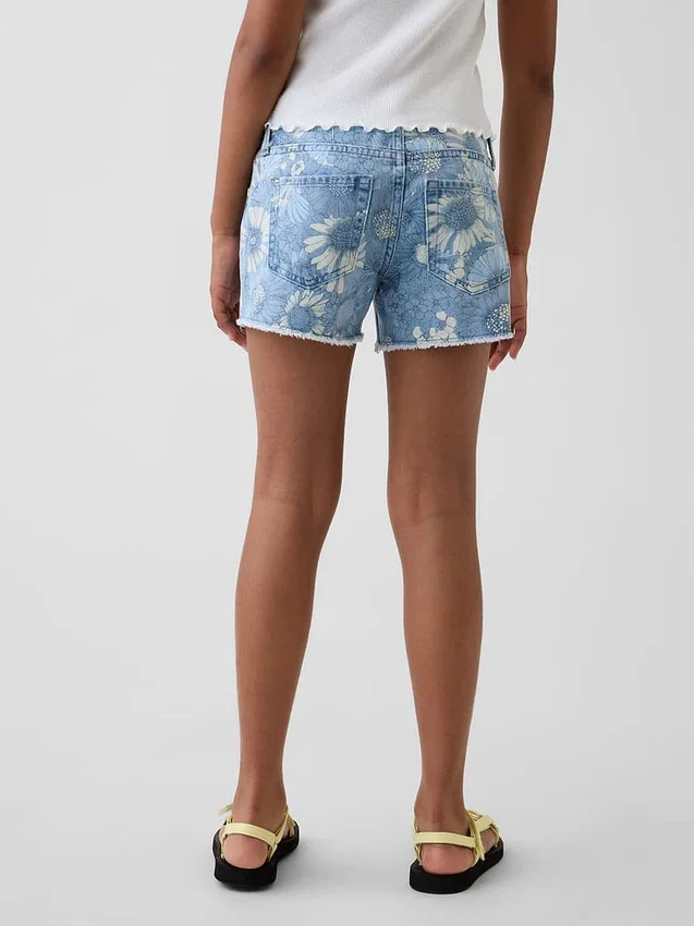 Çocuklar İçin Alçak Bel Stride Çiçek Desenli Denim Şortlar