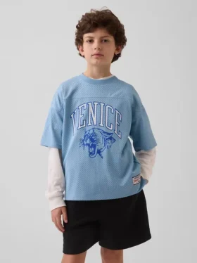 Çocuklar İçin File Oversized Grafikli Jersey Tişört