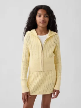 Çocuklar İçin Kablo Örgü Kazaklı Fermuarlı Kapüşonlu Sweatshirt