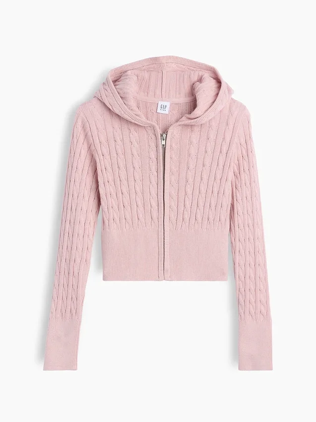 Çocuklar İçin Kablo Örgü Kazaklı Fermuarlı Kapüşonlu Sweatshirt