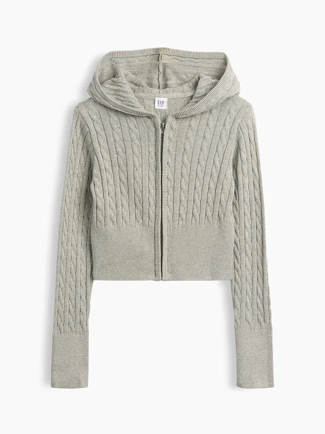 Çocuklar İçin Kablo Örgü Kazaklı Fermuarlı Kapüşonlu Sweatshirt