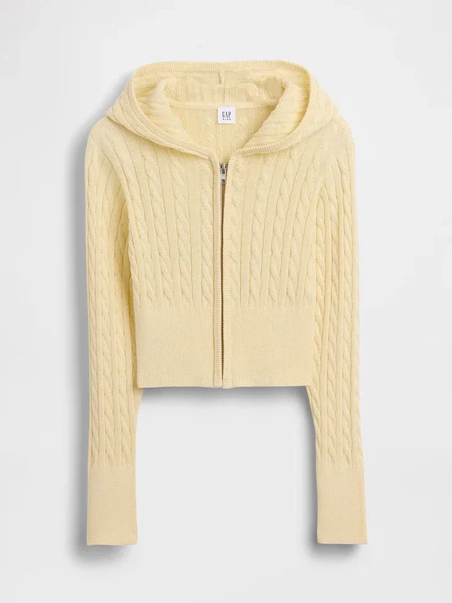 Çocuklar İçin Kablo Örgü Kazaklı Fermuarlı Kapüşonlu Sweatshirt