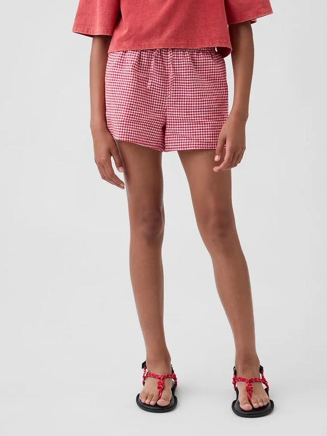 Çocuklar İçin Keten-Pamuklu Gingham Kolay Şortlar
