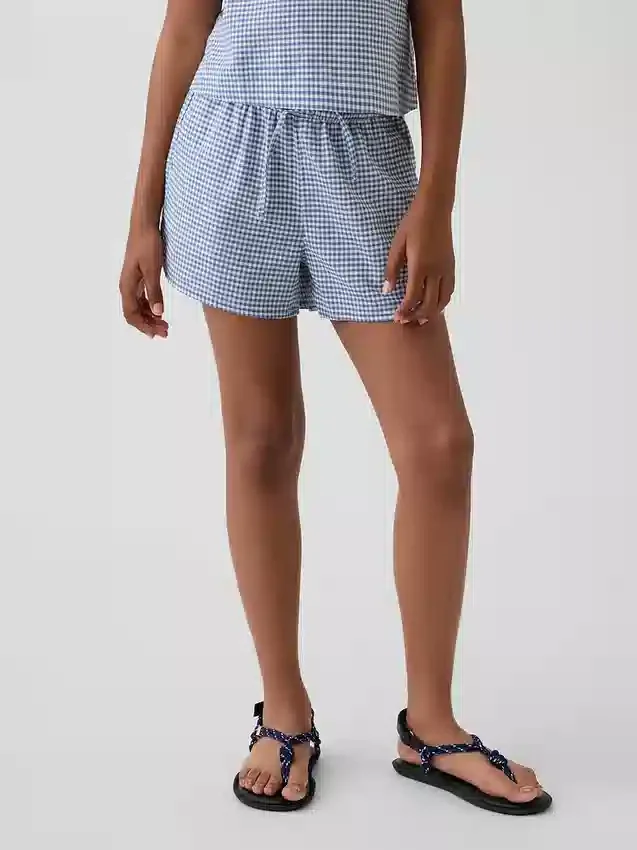 Çocuklar İçin Keten-Pamuklu Gingham Kolay Şortlar