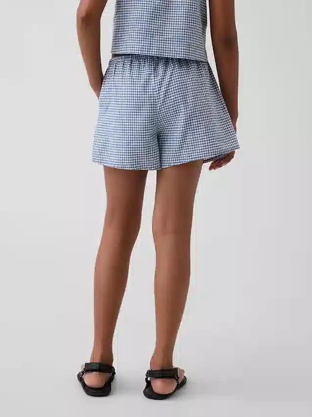 Çocuklar İçin Keten-Pamuklu Gingham Kolay Şortlar