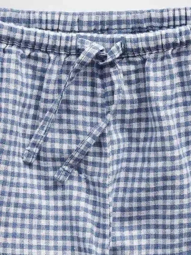 Çocuklar İçin Keten-Pamuklu Gingham Kolay Şortlar