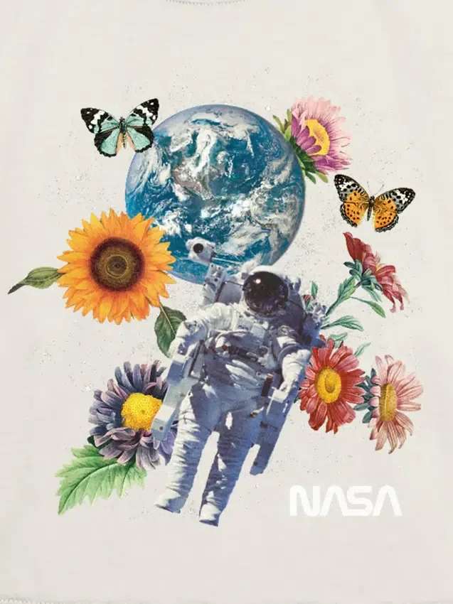 Çocuklar İçin NASA Uzay Çiçek Desenli Grafik Tişört