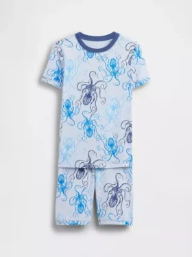Çocuklar İçin Organik Fırçalanmış Pamuk Ahtapot Pijama Şortlar Seti