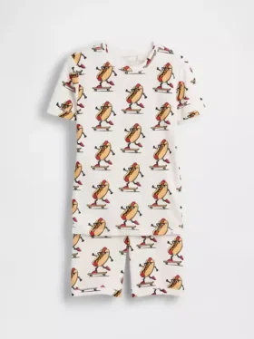 Çocuklar İçin Organik Fırçalanmış Pamuklu Hot Dog Pijama Şortlar Seti