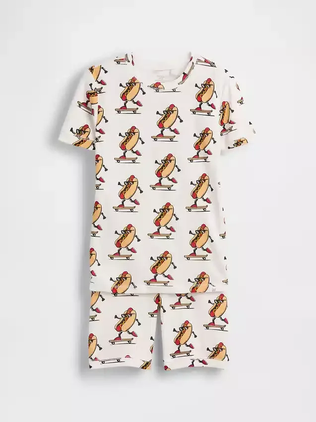Çocuklar İçin Organik Fırçalanmış Pamuklu Hot Dog Pijama Şortlar Seti