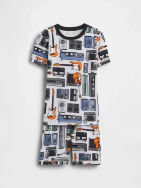 Çocuklar İçin Organik Fırçalanmış Pamuklu Müzik Pijama Şortlar Seti