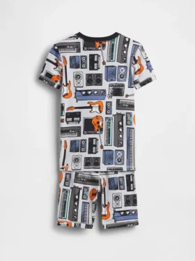 Çocuklar İçin Organik Fırçalanmış Pamuklu Müzik Pijama Şortlar Seti