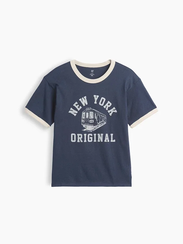 Çocuklar İçin Rahat Kesim New York Desenli Ringer Tişört