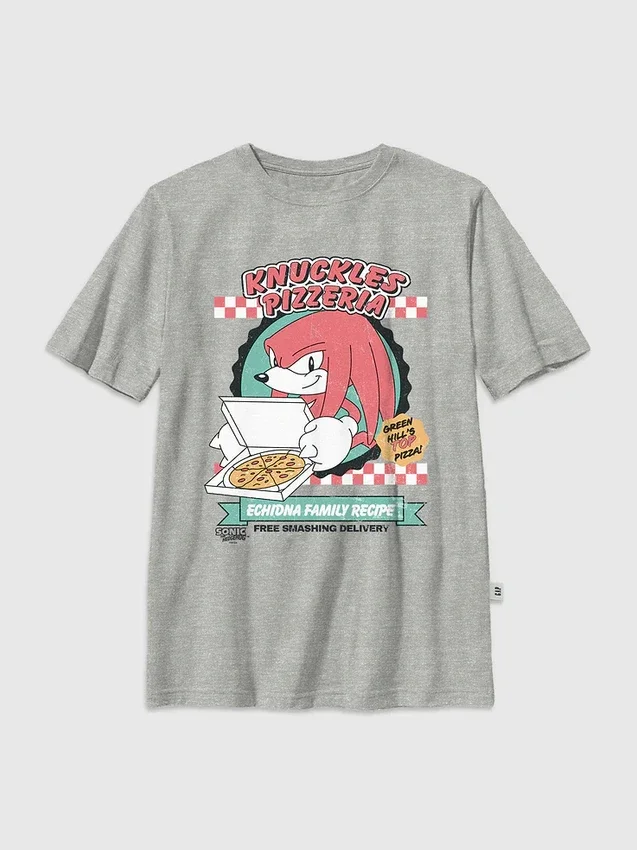 Çocuklar İçin Sonic the Hedgehog Knuckles Pizza Desenli Tişört