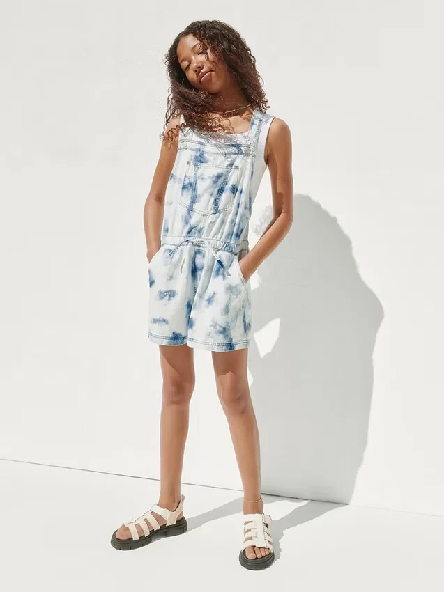 Çocuklar İçin Tie-Dye Denim Gevşek Kesim Şortlu Tulum