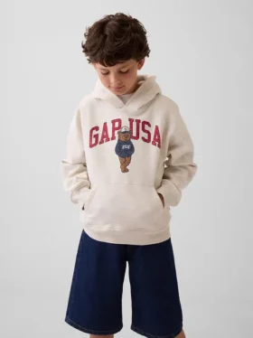 Çocuklar İçin Vintagesoft Bol Kesim Brannan Bear Logolu Kapüşonlu Sweatshirt