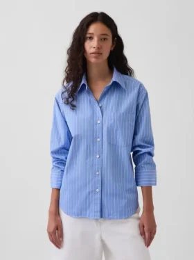 Organik Pamuklu Poplin Oversized Büzgülü Kollu Gömlek