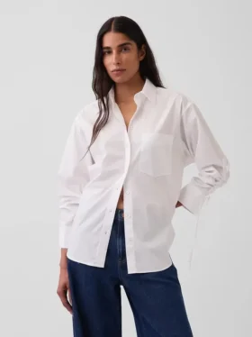 Organik Pamuklu Poplin Oversized Büzgülü Kollu Gömlek