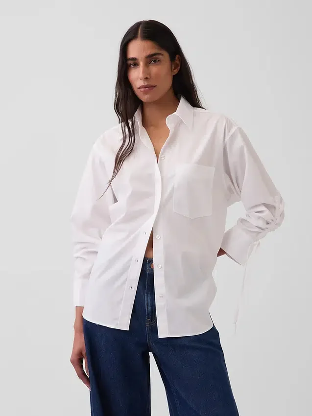 Organik Pamuklu Poplin Oversized Büzgülü Kollu Gömlek