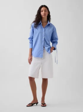Organik Pamuklu Poplin Oversized Büzgülü Kollu Gömlek