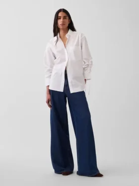Organik Pamuklu Poplin Oversized Büzgülü Kollu Gömlek