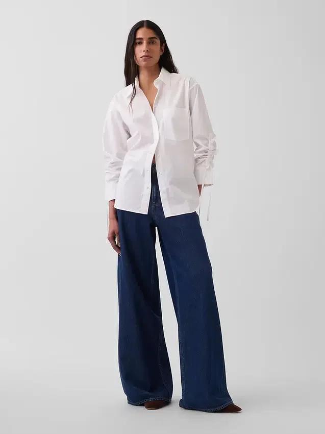 Organik Pamuklu Poplin Oversized Büzgülü Kollu Gömlek